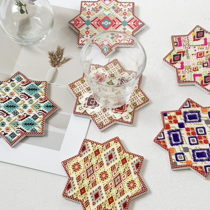 Atlas Pattern Octagonal Star Gold-Stamped Embossed Coaster