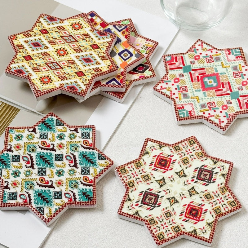 Atlas Pattern Octagonal Star Gold-Stamped Embossed Coaster