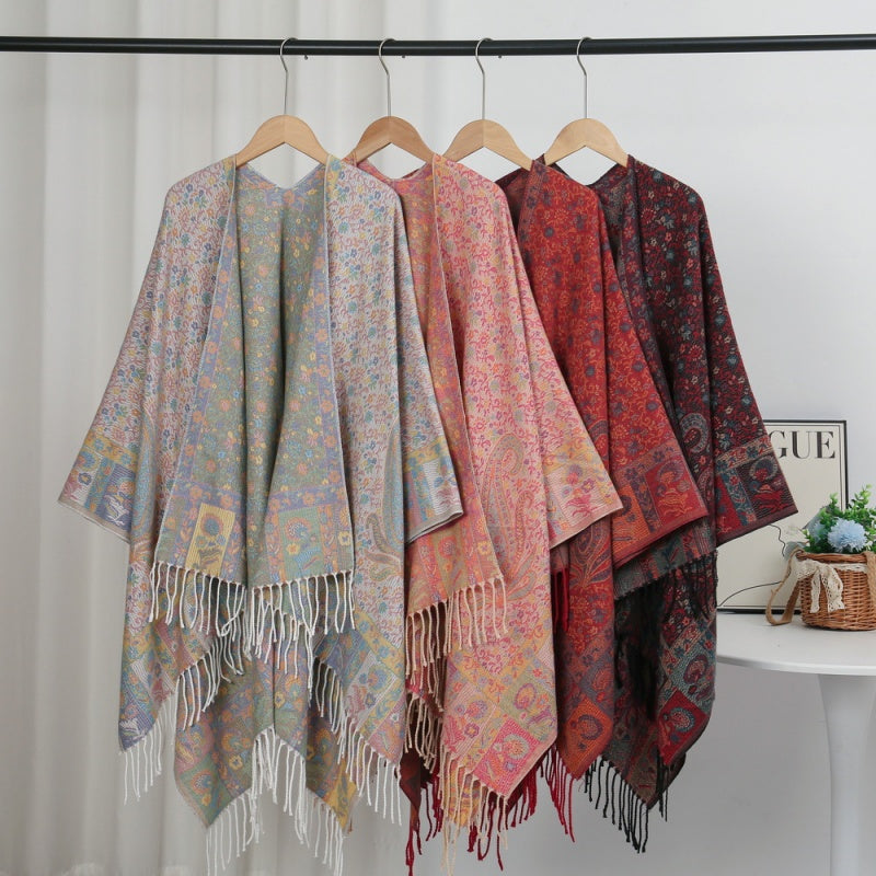 Faux Core-Spun Yarn Shawl with Atlas-Style Elements and Tassels