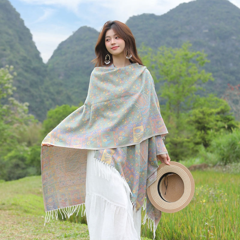 Faux Core-Spun Yarn Shawl with Atlas-Style Elements and Tassels