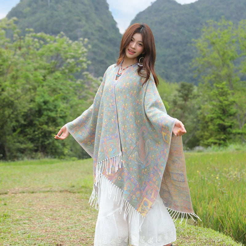 Faux Core-Spun Yarn Shawl with Atlas-Style Elements and Tassels