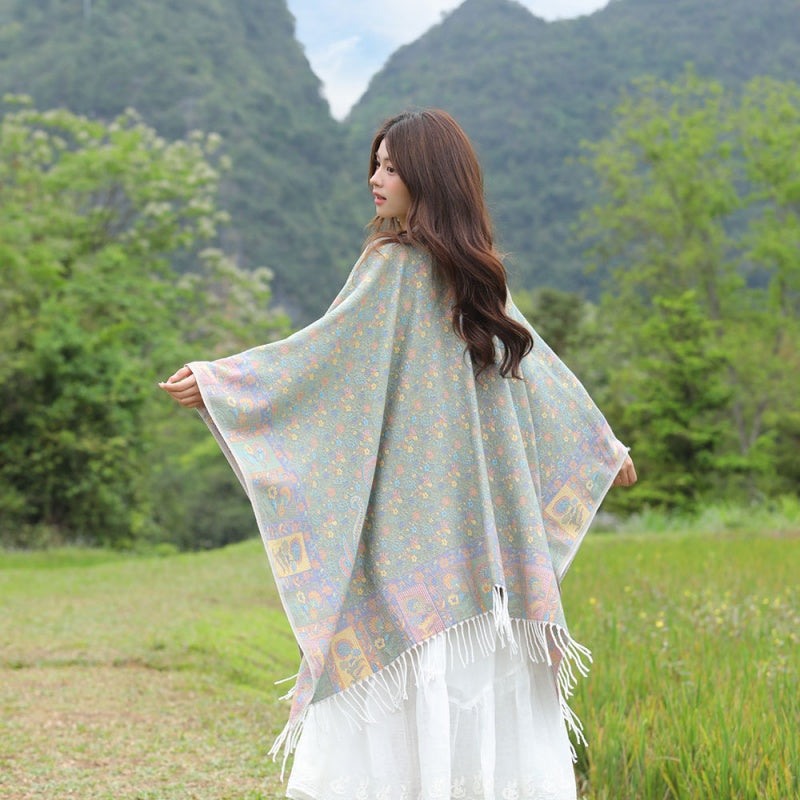 Faux Core-Spun Yarn Shawl with Atlas-Style Elements and Tassels