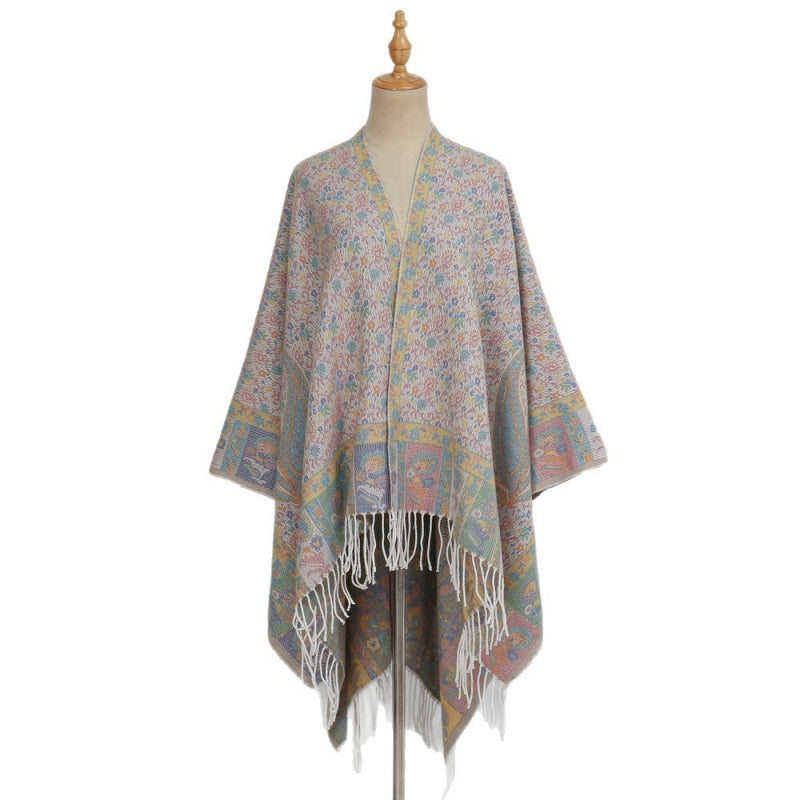 Faux Core-Spun Yarn Shawl with Atlas-Style Elements and Tassels