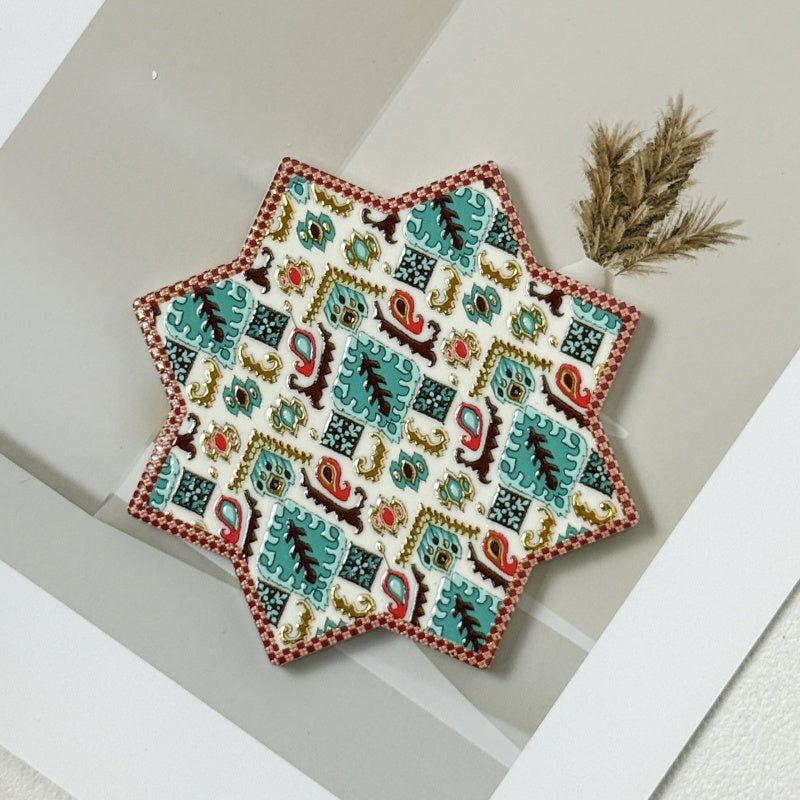 Atlas Pattern Octagonal Star Gold-Stamped Embossed Coaster