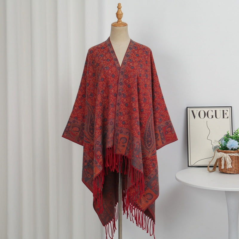 Faux Core-Spun Yarn Shawl with Atlas-Style Elements and Tassels
