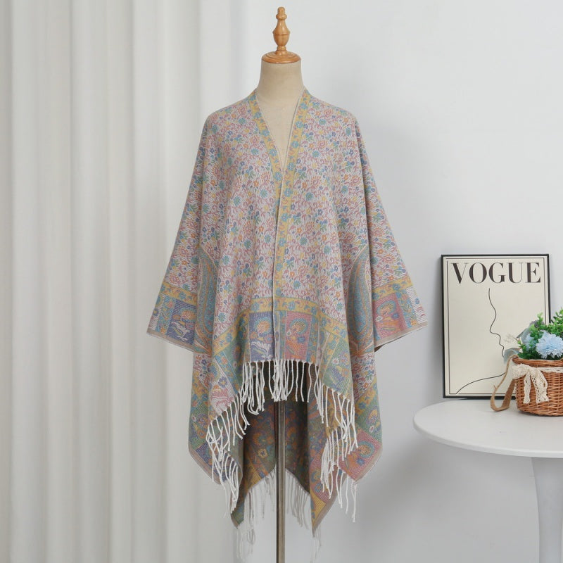 Faux Core-Spun Yarn Shawl with Atlas-Style Elements and Tassels