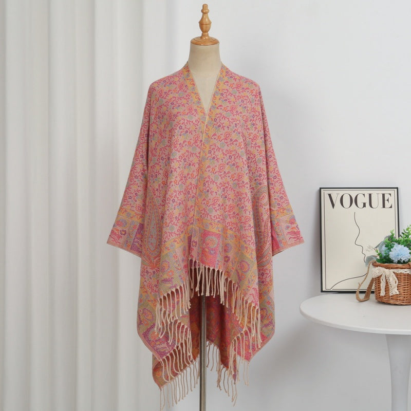 Faux Core-Spun Yarn Shawl with Atlas-Style Elements and Tassels