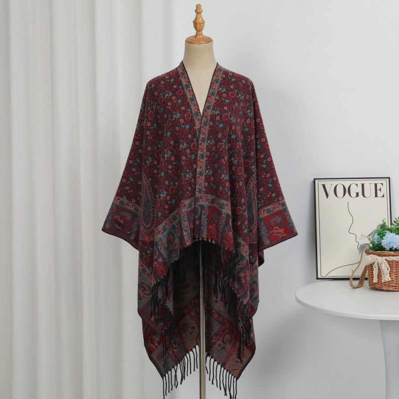 Faux Core-Spun Yarn Shawl with Atlas-Style Elements and Tassels